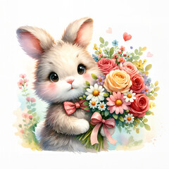 Fototapeta na wymiar Adorable rabbit with flowers. Watercolor illustration for greeting cards and children's decor, stickers, nursery art. For Birthday, Valentine's Day and Mother’s day cards and invitations. 