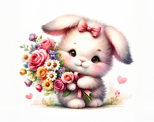 Fototapeta na wymiar Cute bunny with flowers. Watercolor illustration for greeting cards and children's decor, stickers, nursery art. For Birthday, Valentine's Day and Mother’s day cards and invitations. 