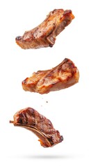 A pork chop is captured mid-air, falling against an isolated white background.