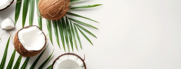 Obraz na płótnie Canvas A photo showcasing a fresh whole and half-cut coconut alongside palm leaves on a white background.