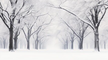 a black and white photo of a snow covered park with trees in the foreground and a foggy sky in the background.