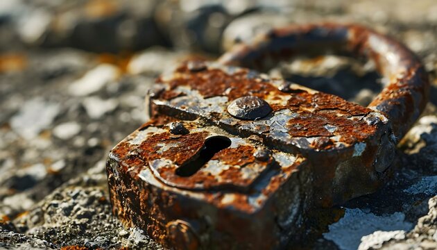 a rusted metal object sitting on top of a rock