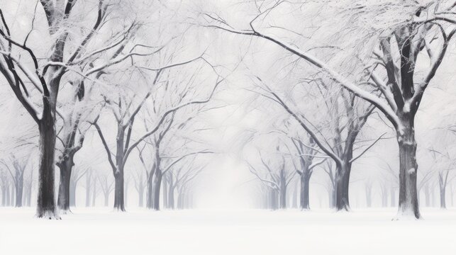 a black and white photo of a snow covered park with trees in the foreground and a foggy sky in the background.