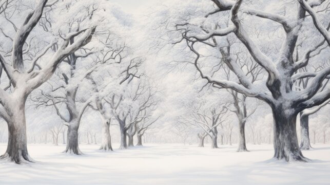 a painting of snow covered trees on a snowy day with no leaves on the branches and no leaves on the ground.
