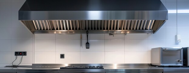 A newly installed stainless steel hood adds a sleek touch to this modern kitchen with stainless steel appliances and counters.