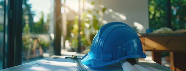 A blue construction helmet is placed on top of a table.