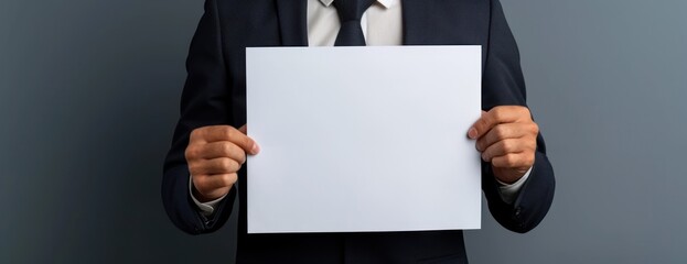 A professional businessman dressed in a suit holding a blank white paper in his hand.