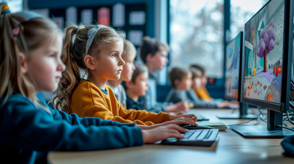 a group of elementary pupils in class study on the computer - obrazy, fototapety, plakaty
