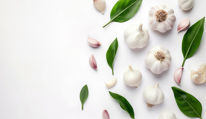 Fototapeta premium garlic with leaves isolated on white background. Top view. Flat lay.