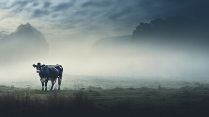 a cow standing in the middle of a field in the middle of a foggy day with trees in the background.