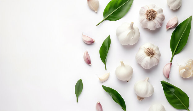 garlic with leaves isolated on white background. Top view. Flat lay.