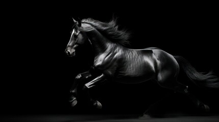 a black and white photo of a horse galloping in the dark with it's hair blowing in the wind.