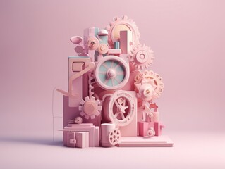 3d illustration of a pink building with gears and gears.