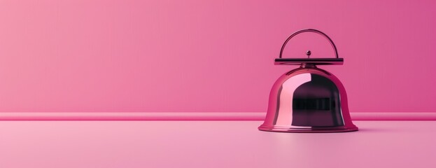 A metallic hotel bell set against a pink background.