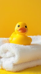 A yellow rubber duck sitting atop a stack of white towels.