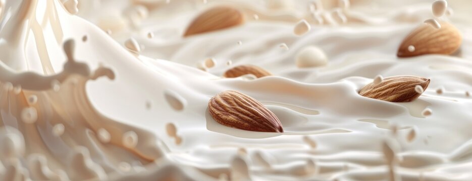 This captivating image captures the dynamic swirl of fresh almond milk, highlighting the creamy texture and whole almonds caught mid-splash, illustrating the drinks natural and wholesome ingredients.