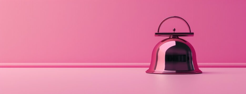 A metallic hotel bell set against a pink background.
