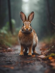 Fototapeta premium Rabbit standing on a path in the rain.