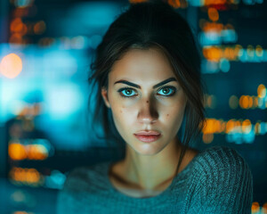 serious woman with data behind her concept for cyber security IT identity theft digital safety, generated by AI