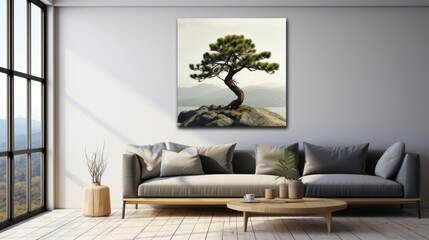 a living room with a couch, coffee table, and a painting of a bonsai tree on the wall.