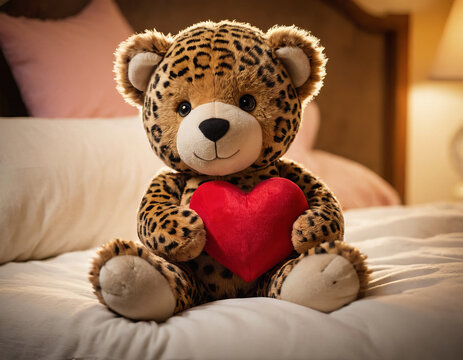 The image depicts a leopard-shaped soft toy sitting on a bed, holding a red heart-shaped pillow between its paws.