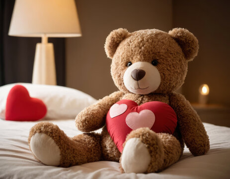 The image depicts a teddy bear sitting on a bed, holding a red heart-shaped pillow between its paws