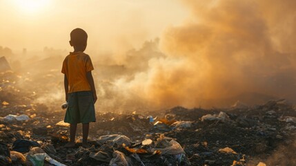 Low-income boy in the middle of a garbage dump, looking for a livelihood generative ai