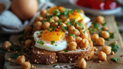 a wooden cutting board topped with a piece of bread covered in chickpeas and an egg on top of it.