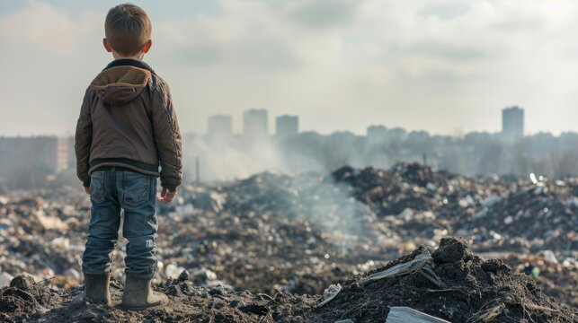 Low-income boy in the middle of a garbage dump, looking for a livelihood generative ai
