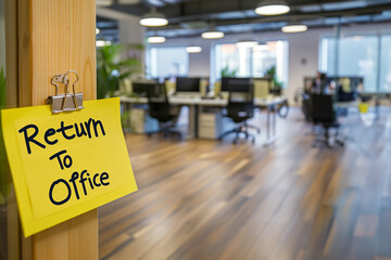 return to office sticky note, on the entrance to a bright modern office.  The end of work from home. With copy space