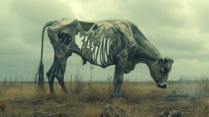 a large animal skeleton standing on top of a dry grass field in the middle of a dry grass covered field.