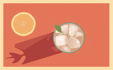 illustration of a Birds Eye view of a cocktail on the table with a lemon 