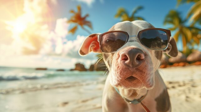 dog dressed as a cow and sunglasses, with a sunny beach background, generative ai