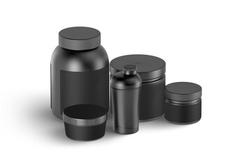 Blank black protein can, bottle and shaker mockup, side view