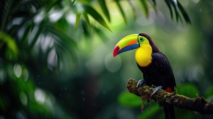a toucan sitting on a tree branch in the rain with a bright colored toucan on it's head.
