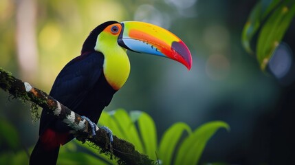 Obraz premium a colorful toucan sitting on a branch in a tree with lots of green leaves and a blurry background.