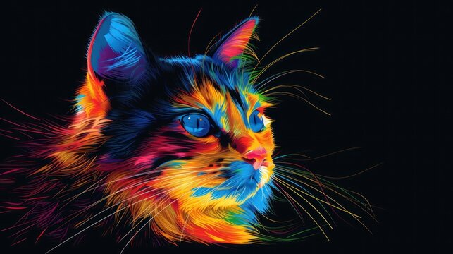 a close up of a cat's face with multicolored paint splattered on it's face.