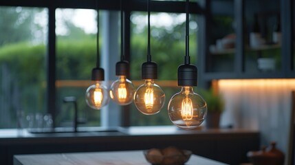 a bunch of light bulbs hanging from a ceiling in a room with a window and a table in front of it.
