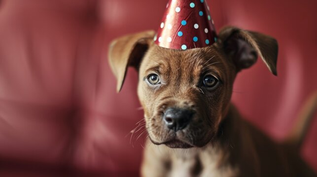 Puppy with birthday hat, maroon background, generative ai