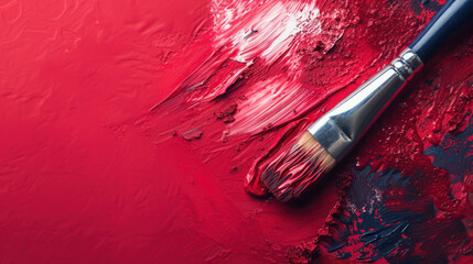 a close up of a paintbrush on a red surface with paint smudges on the side of the brush.
