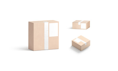 Blank white shipping label on craft box mockup, different sides