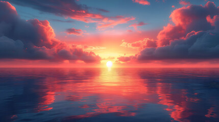 Sunset over the ocean, the sky is adorned with a spectrum of red and blue hues, reflecting beautifully on the calm ocean below.