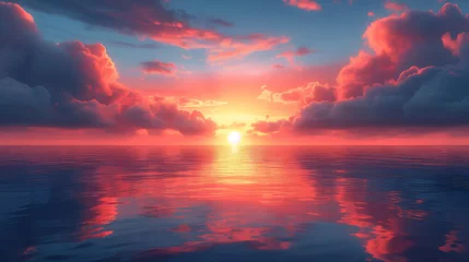 Photo sur Plexiglas Réflexion Sunset over the ocean, the sky is adorned with a spectrum of red and blue hues, reflecting beautifully on the calm ocean below.