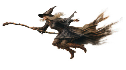 Witch flying on her broom isolated on white created with Generative AI