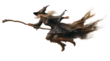 Witch flying on her broom isolated on white created with Generative AI