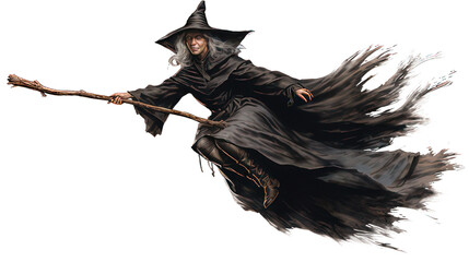 Witch flying on her broom isolated on white created with Generative AI