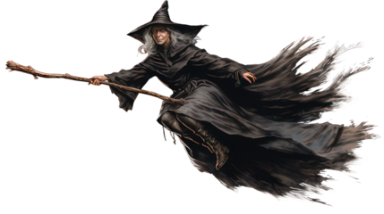 Witch flying on her broom isolated on white created with Generative AI