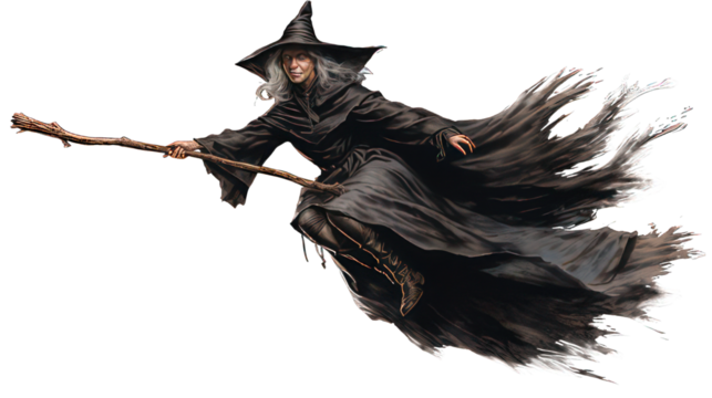 Witch flying on her broom isolated on white created with Generative AI