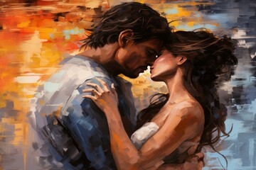 Passionate kiss illustration art. Couple passion love romance dating. Generate Ai