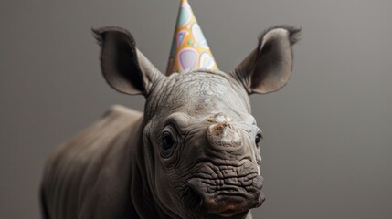 Rhino calf with birthday hat, gray background, generative ai